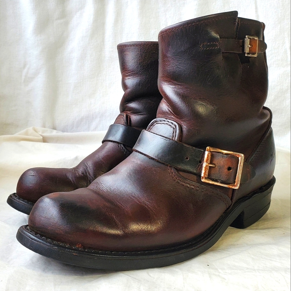 Frye Women's Short Ankle Engineer Distressed Leather Boots Brown Size 8.5 USA